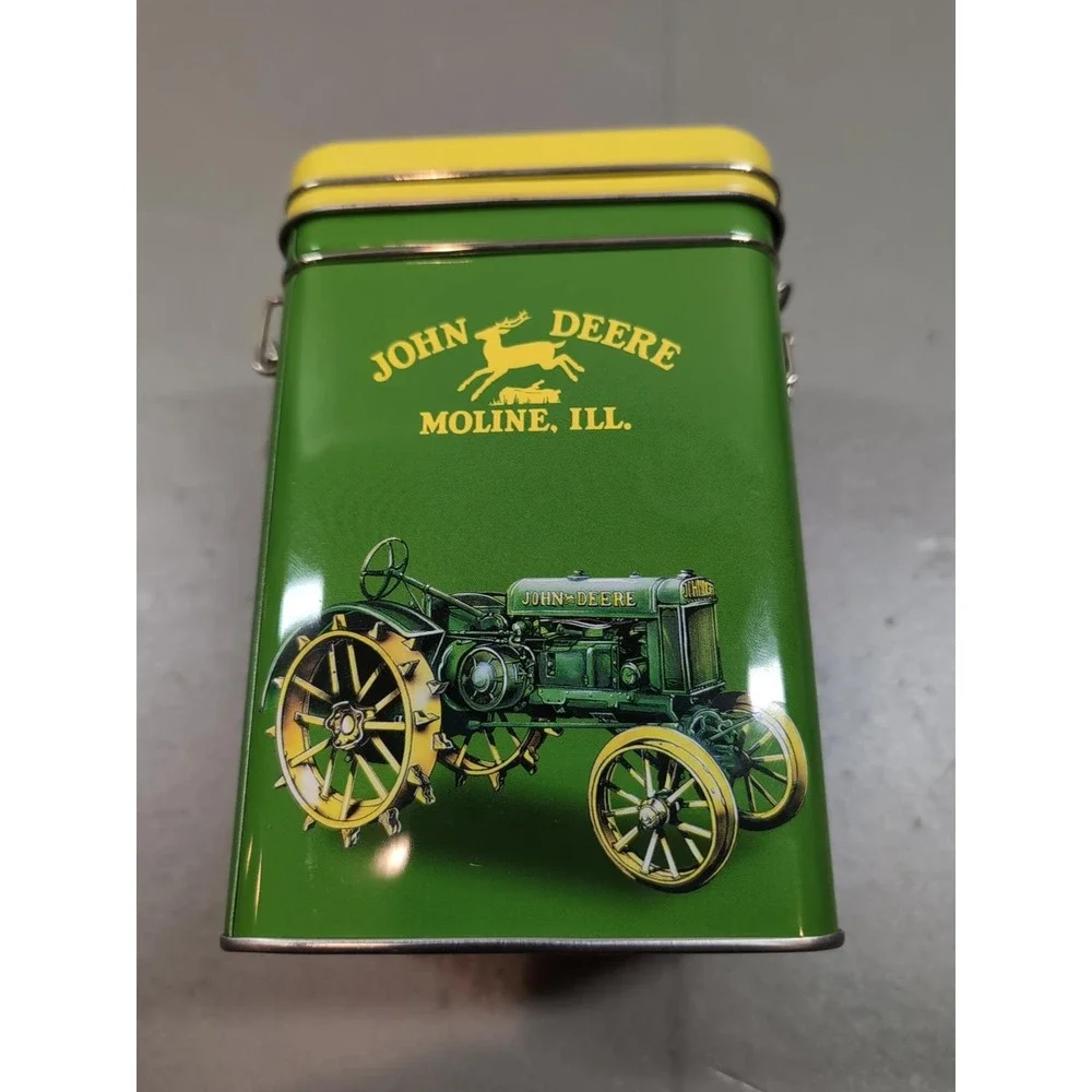 John Deere Metal Tin Box Collectible Storage Latch Lid Green Yellow 7.5 inch